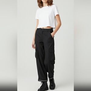 Nice Black Cargo Pants Wide Leg Fitted Waist size S NICE logo around bottom EUC